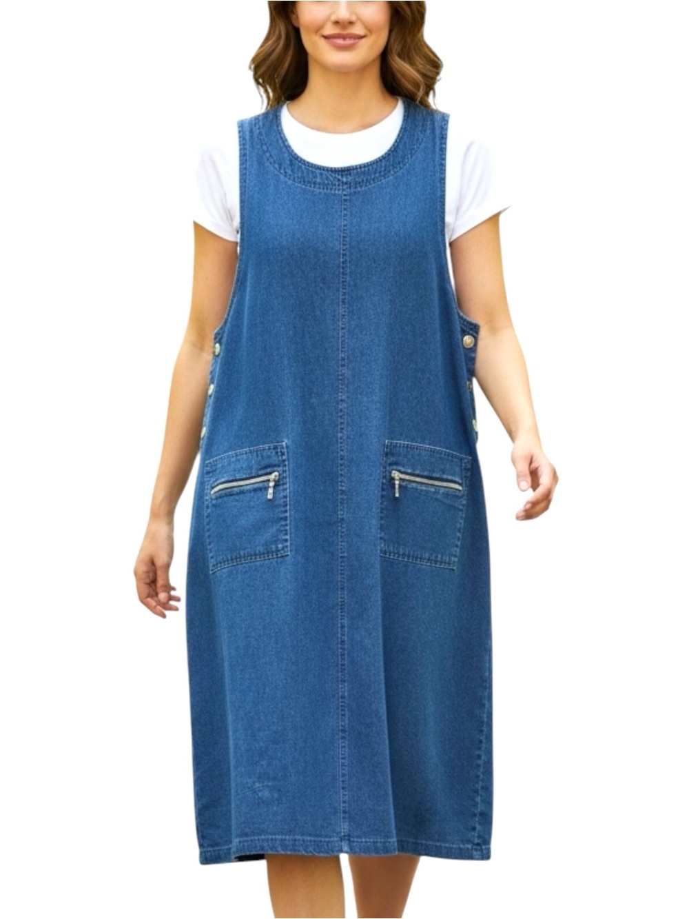VTG TY Blue Cotton Denim Sleeveless Jumper Midi Dress, Side Buttons - Size 12